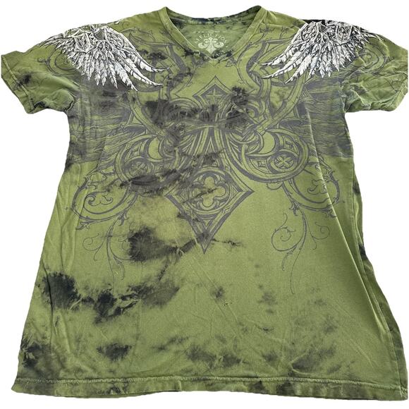 Size XL Affliction Live Fast Men's Shirt Aztec Wings Army Green Vneck Tee - Picture 1 of 12